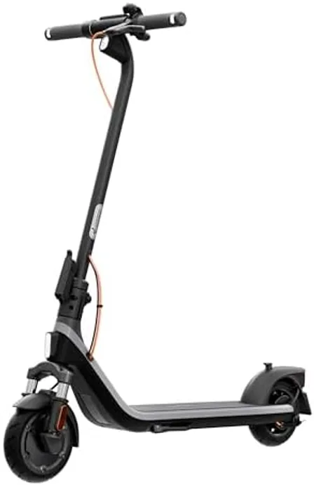 Segway-Ninebot E2 Plus E II visto de perfil mostrando el cuadro plegado y las ruedas tubeless de 8,1 pulgadas