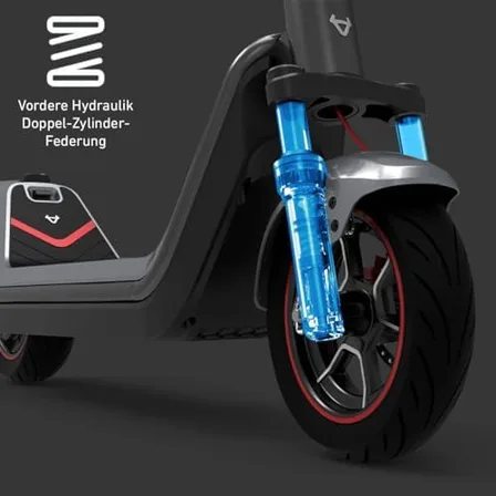 Vista lateral del NIU patinete eléctrico mostrando el chasis, la suspensión hidráulica delantera y la rueda tubeless de 10,5 pulgadas