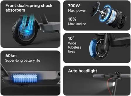Detalle del sistema de freno de tambor delantero del Xiaomi Electric Scooter 5 y la horquilla de doble tubo